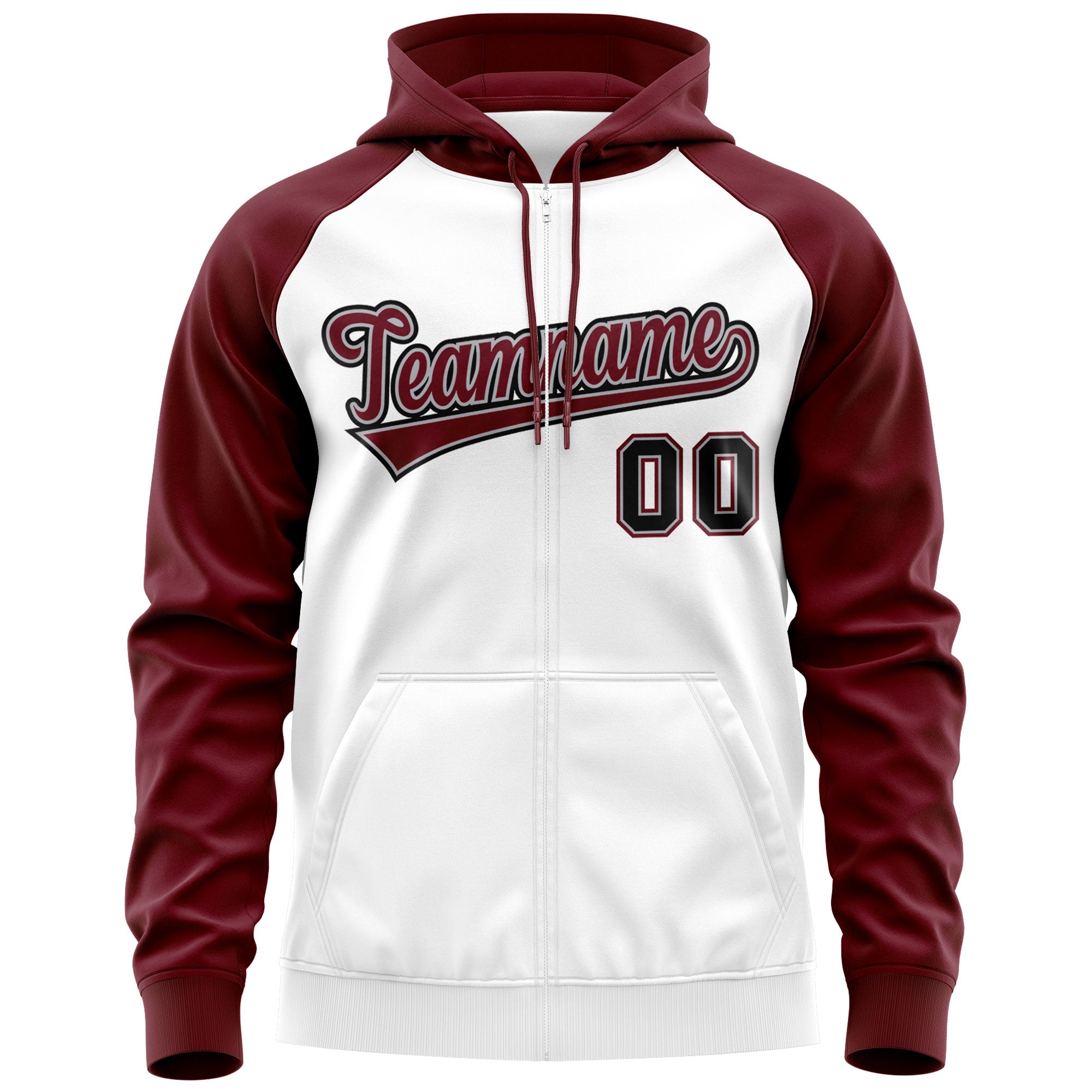 Custom Stitched White Crimson-Black Raglan Sleeves Sports Full-Zip Sweatshirt Hoodie