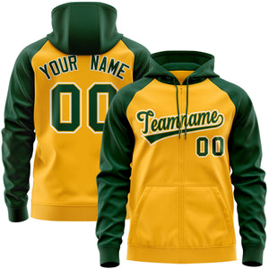 Custom Stitched Gold Green-White Raglan Sleeves Sports Full-Zip Sweatshirt Hoodie