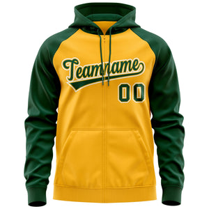 Custom Stitched Gold Green-White Raglan Sleeves Sports Full-Zip Sweatshirt Hoodie