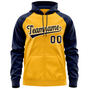 Custom Stitched Gold Navy-White Raglan Sleeves Sports Full-Zip Sweatshirt Hoodie