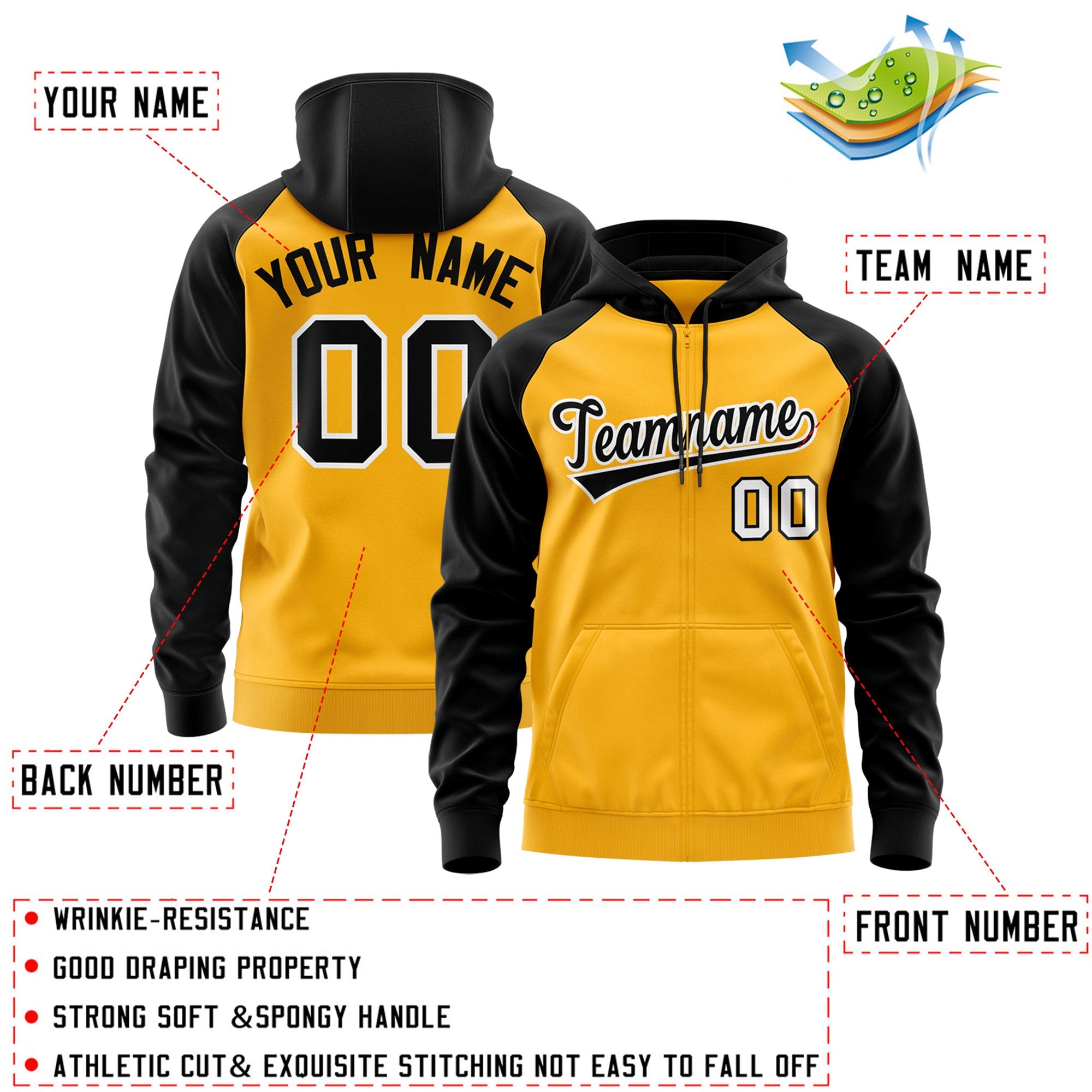 Custom Stitched Gold Black-White Raglan Sleeves Sports Full-Zip Sweatshirt Hoodie