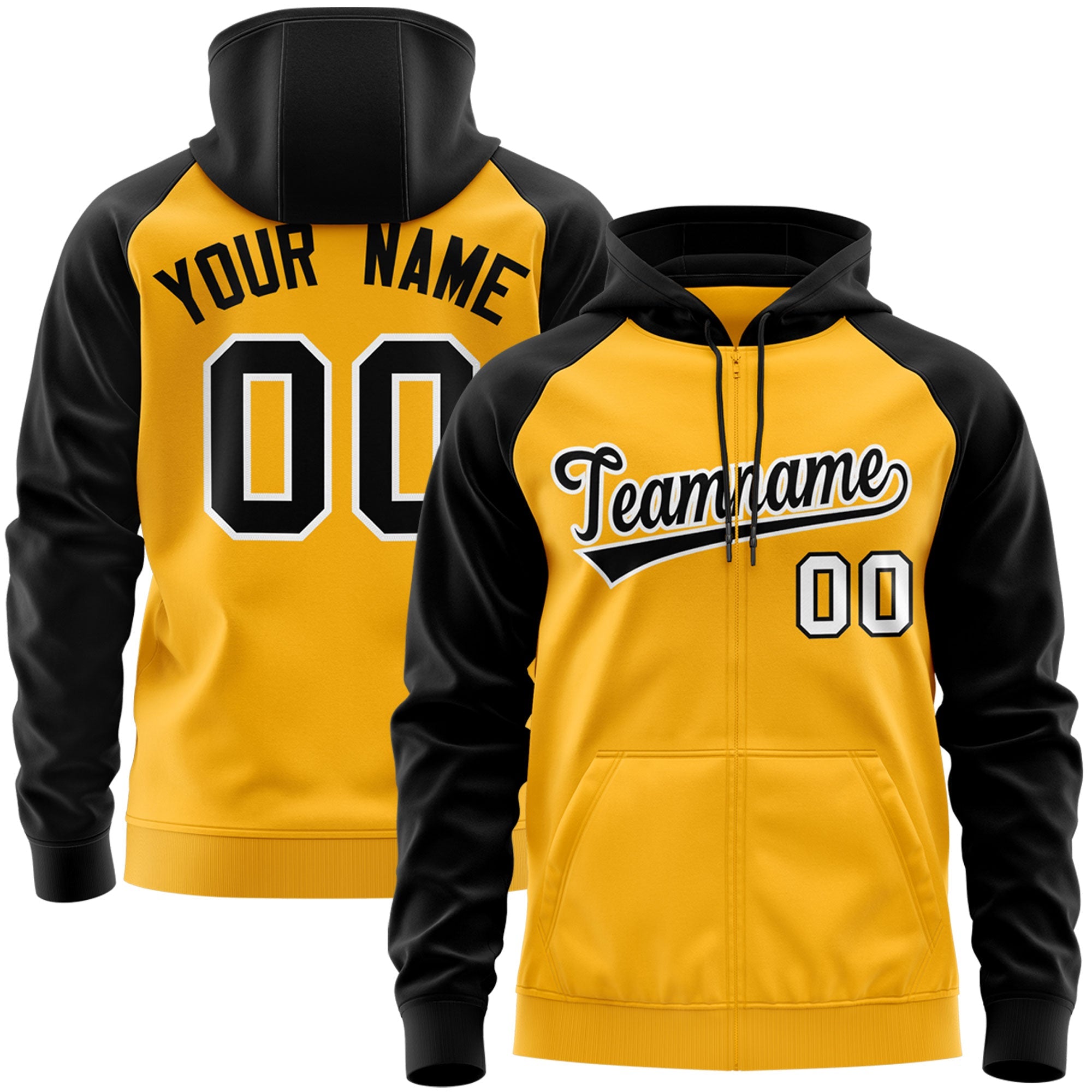 Custom Stitched Gold Black-White Raglan Sleeves Sports Full-Zip Sweatshirt Hoodie