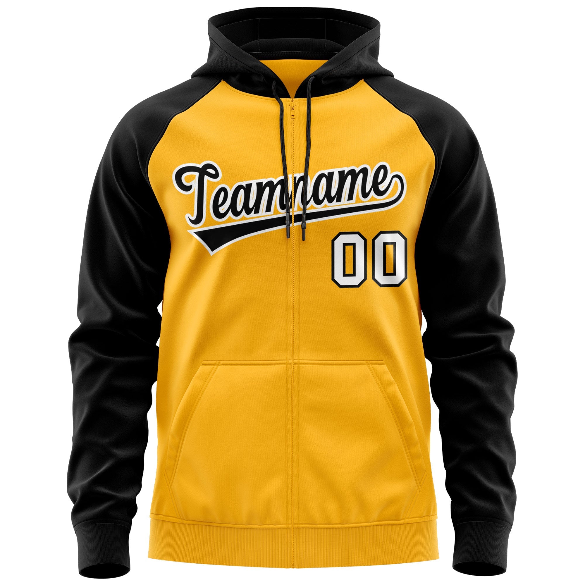 Custom Stitched Gold Black-White Raglan Sleeves Sports Full-Zip Sweatshirt Hoodie