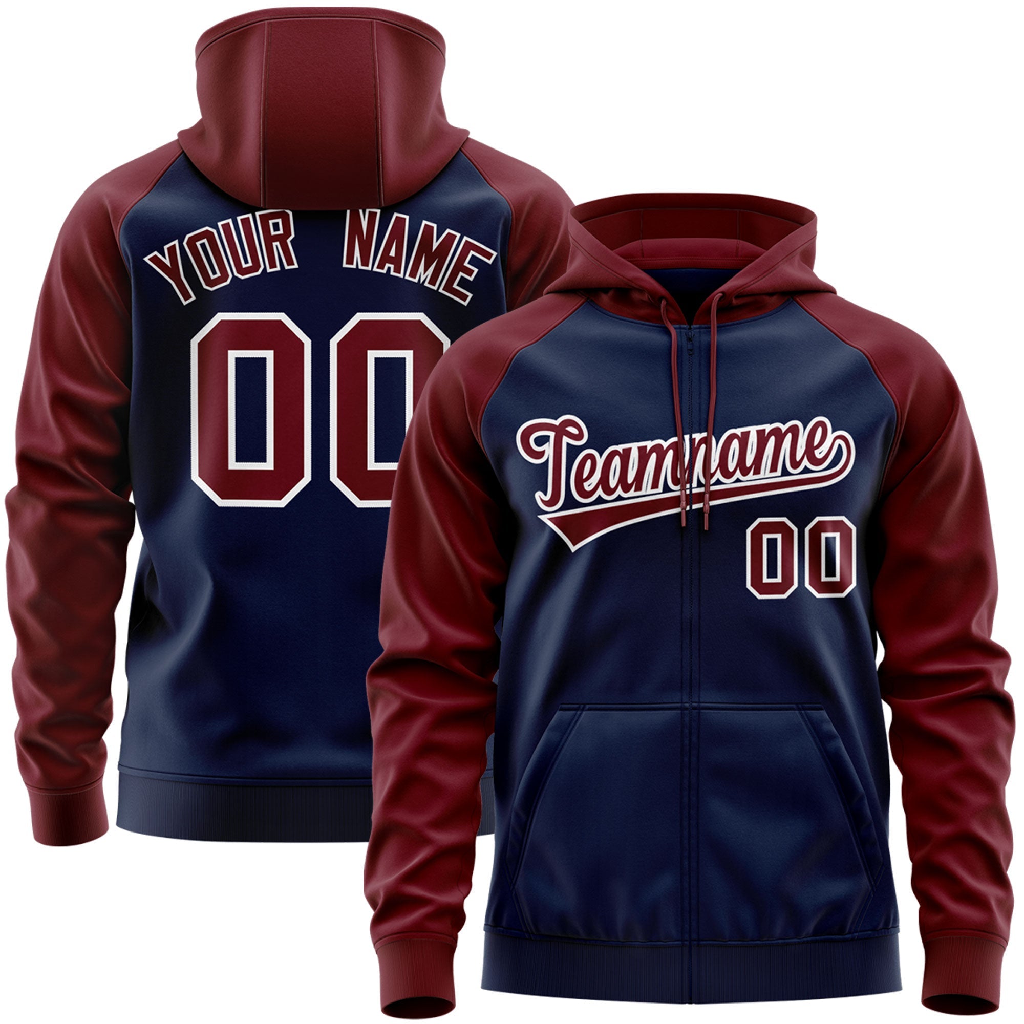 Custom Stitched Navy Crimson-White Raglan Sleeves Sports Full-Zip Sweatshirt Hoodie