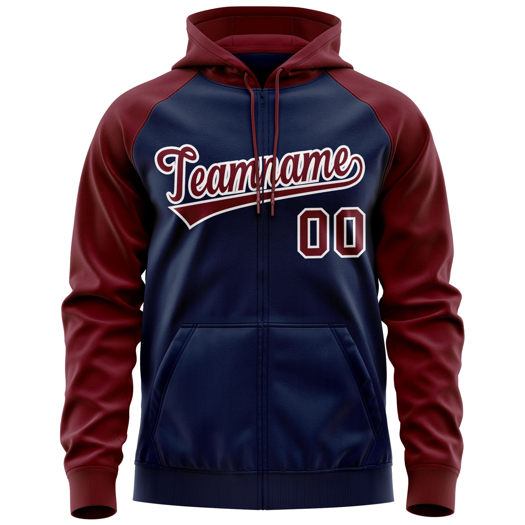 Custom Stitched Navy Crimson-White Raglan Sleeves Sports Full-Zip Sweatshirt Hoodie