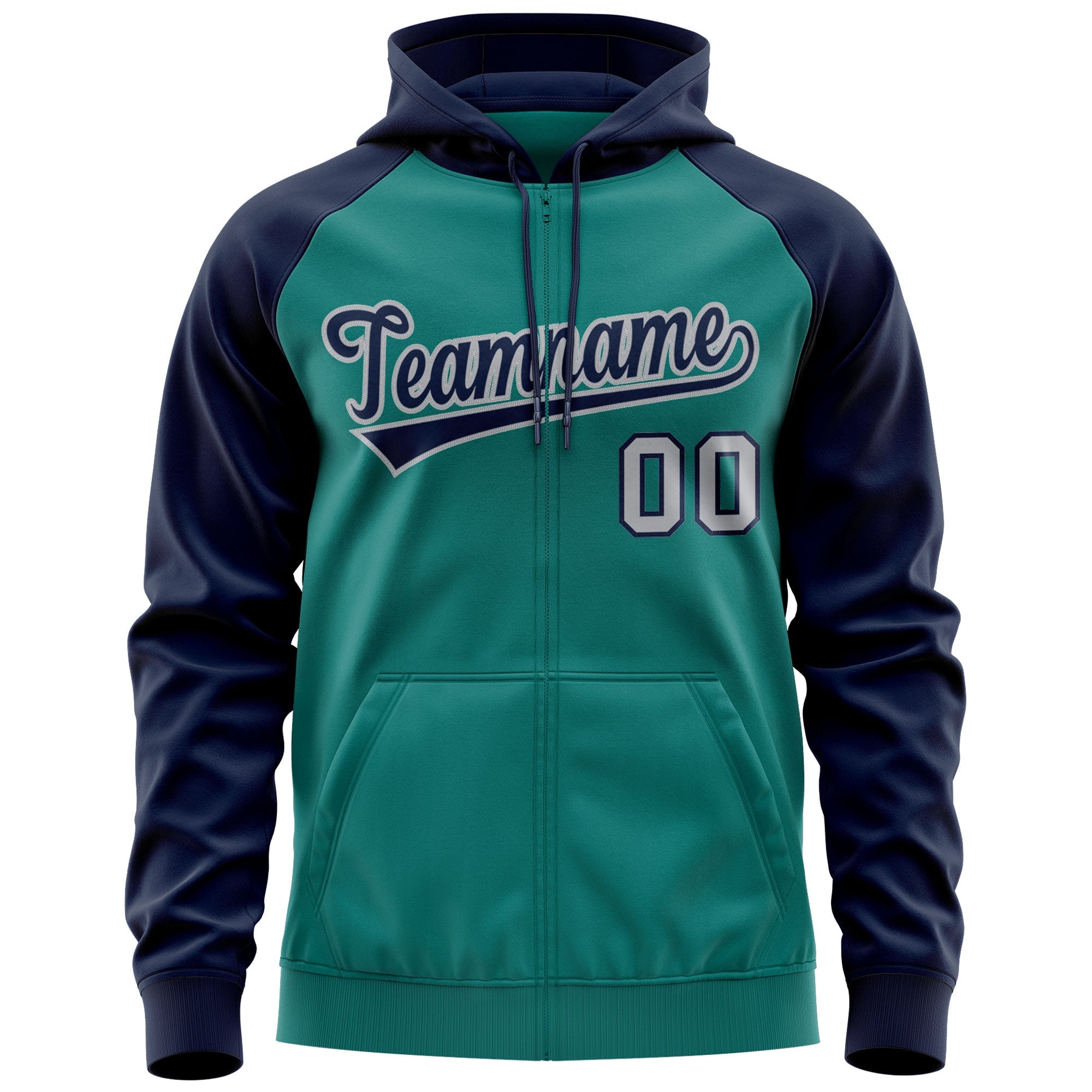 Custom Stitched Aqua Navy-Gray Raglan Sleeves Sports Full-Zip Sweatshirt Hoodie