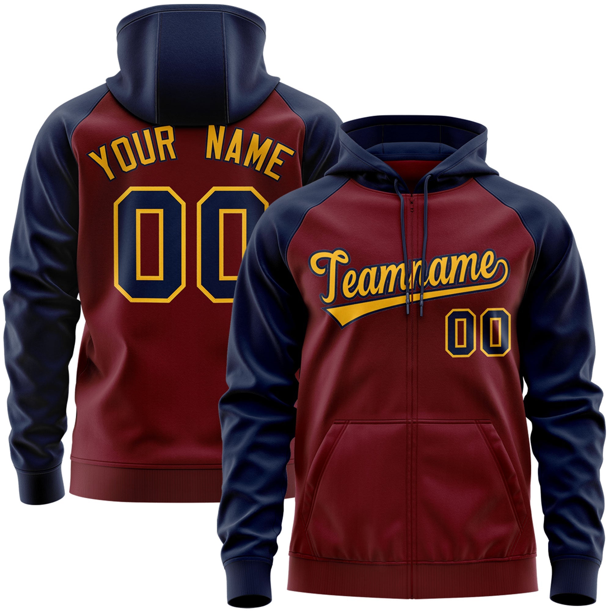 Custom Stitched Crimson Gold-Navy Raglan Sleeves Sports Full-Zip Sweatshirt Hoodie