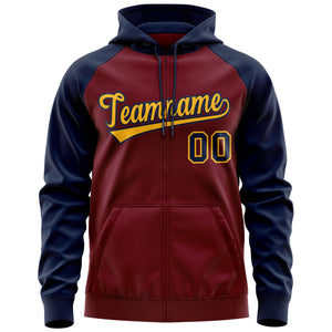 Custom Stitched Crimson Gold-Navy Raglan Sleeves Sports Full-Zip Sweatshirt Hoodie