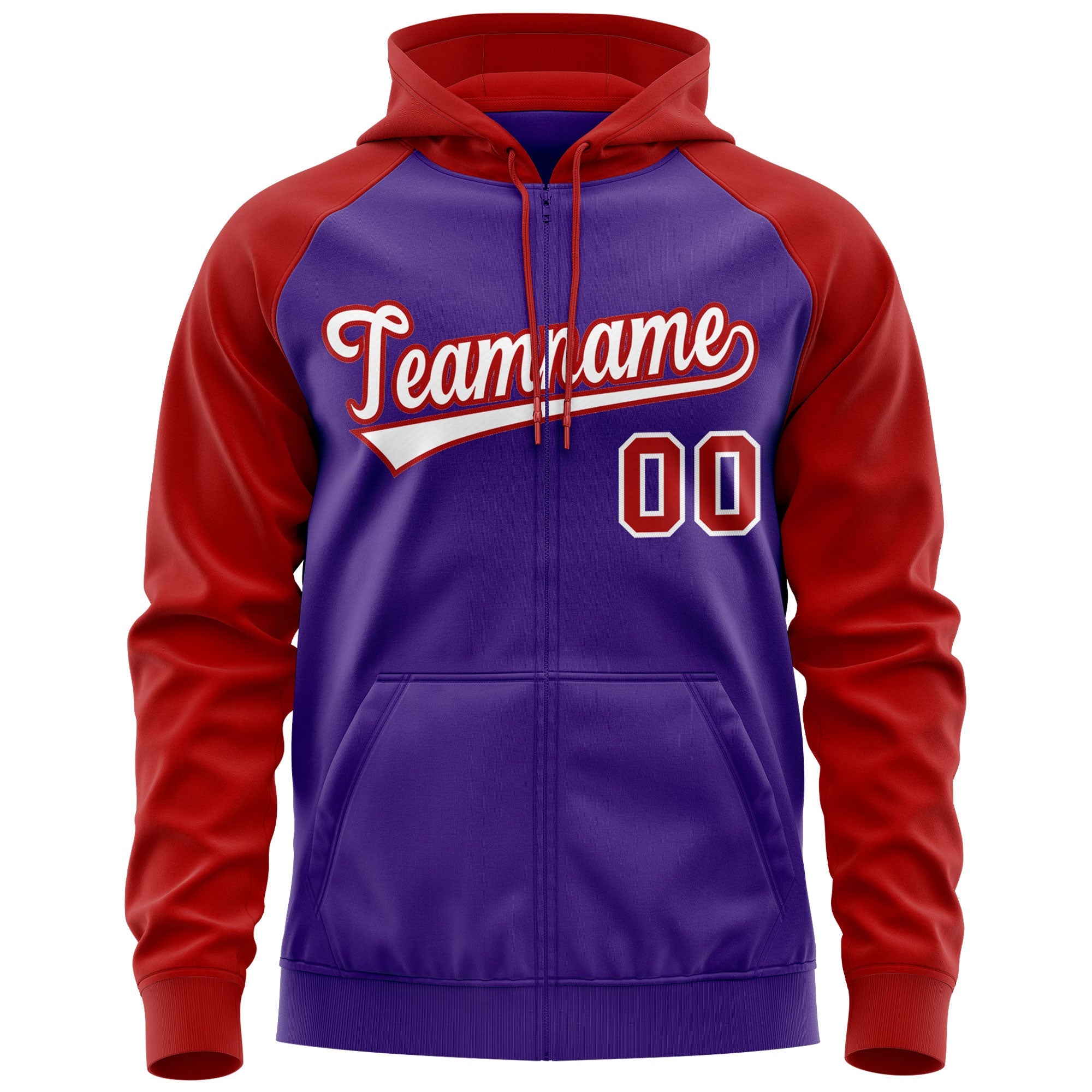 Custom Stitched Purple White-Red Raglan Sleeves Sports Full-Zip Sweatshirt Hoodie