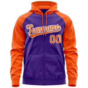 Custom Stitched Purple Orange Raglan Sleeves Sports Full-Zip Sweatshirt Hoodie