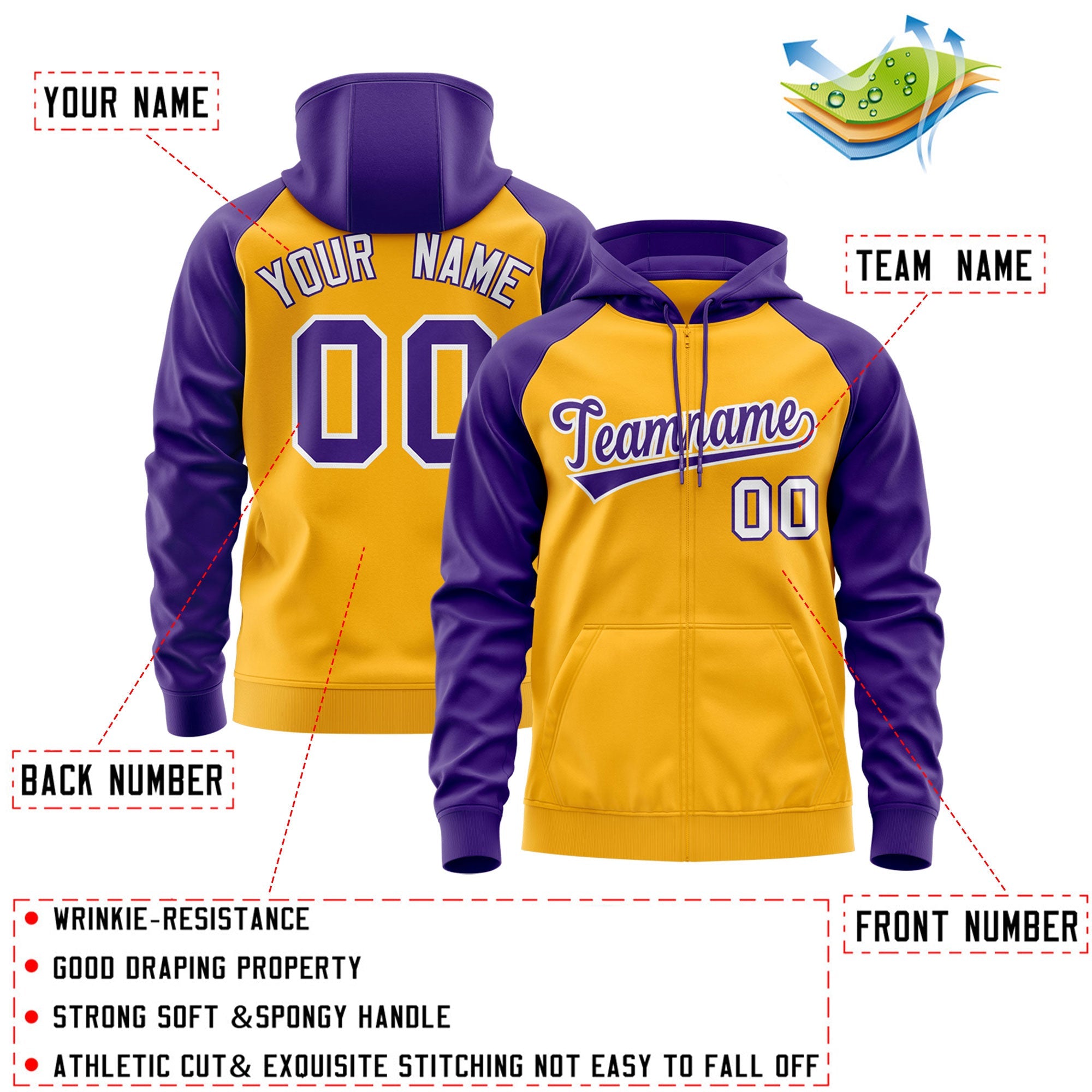 Custom Stitched Gold Purple-White Raglan Sleeves Sports Full-Zip Sweatshirt Hoodie