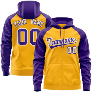 Custom Stitched Gold Purple-White Raglan Sleeves Sports Full-Zip Sweatshirt Hoodie