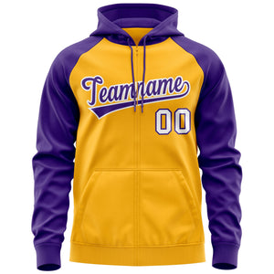 Custom Stitched Gold Purple-White Raglan Sleeves Sports Full-Zip Sweatshirt Hoodie