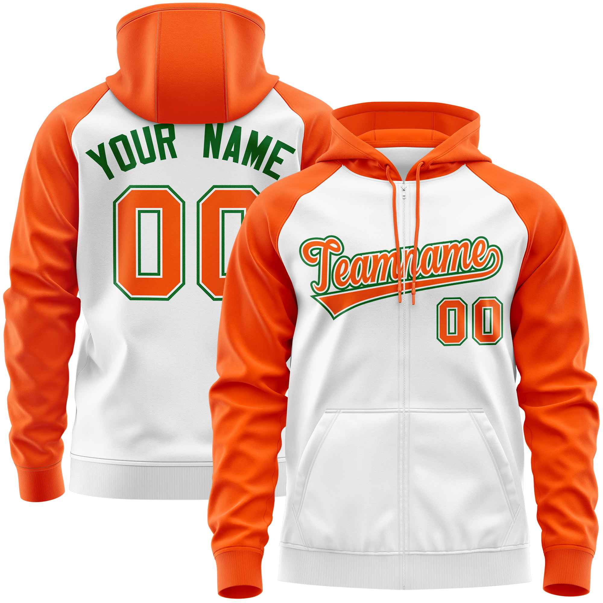 Custom Stitched White Orange Raglan Sleeves Sports Full-Zip Sweatshirt Hoodie