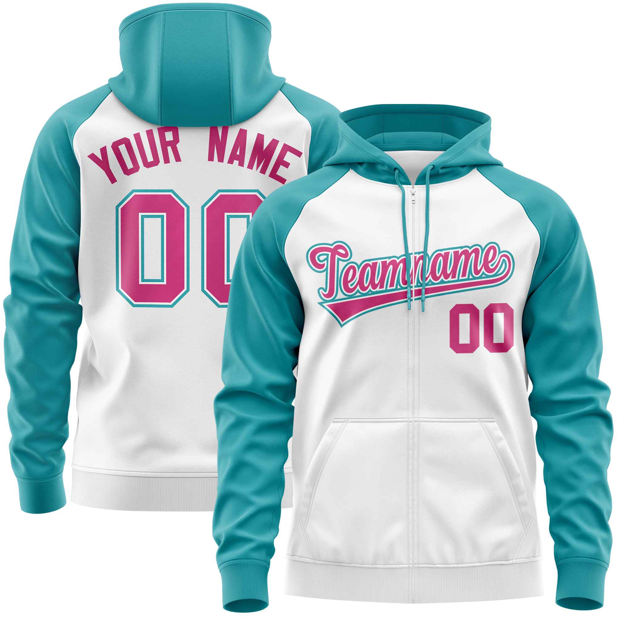 Custom Stitched White Aqua-Rose Red Raglan Sleeves Sports Full-Zip Sweatshirt Hoodie