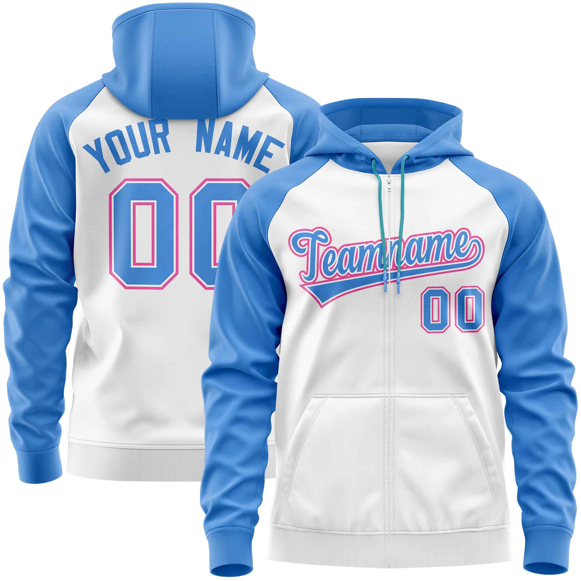 Custom Stitched White Powder Blue Raglan Sleeves Sports Full-Zip Sweatshirt Hoodie