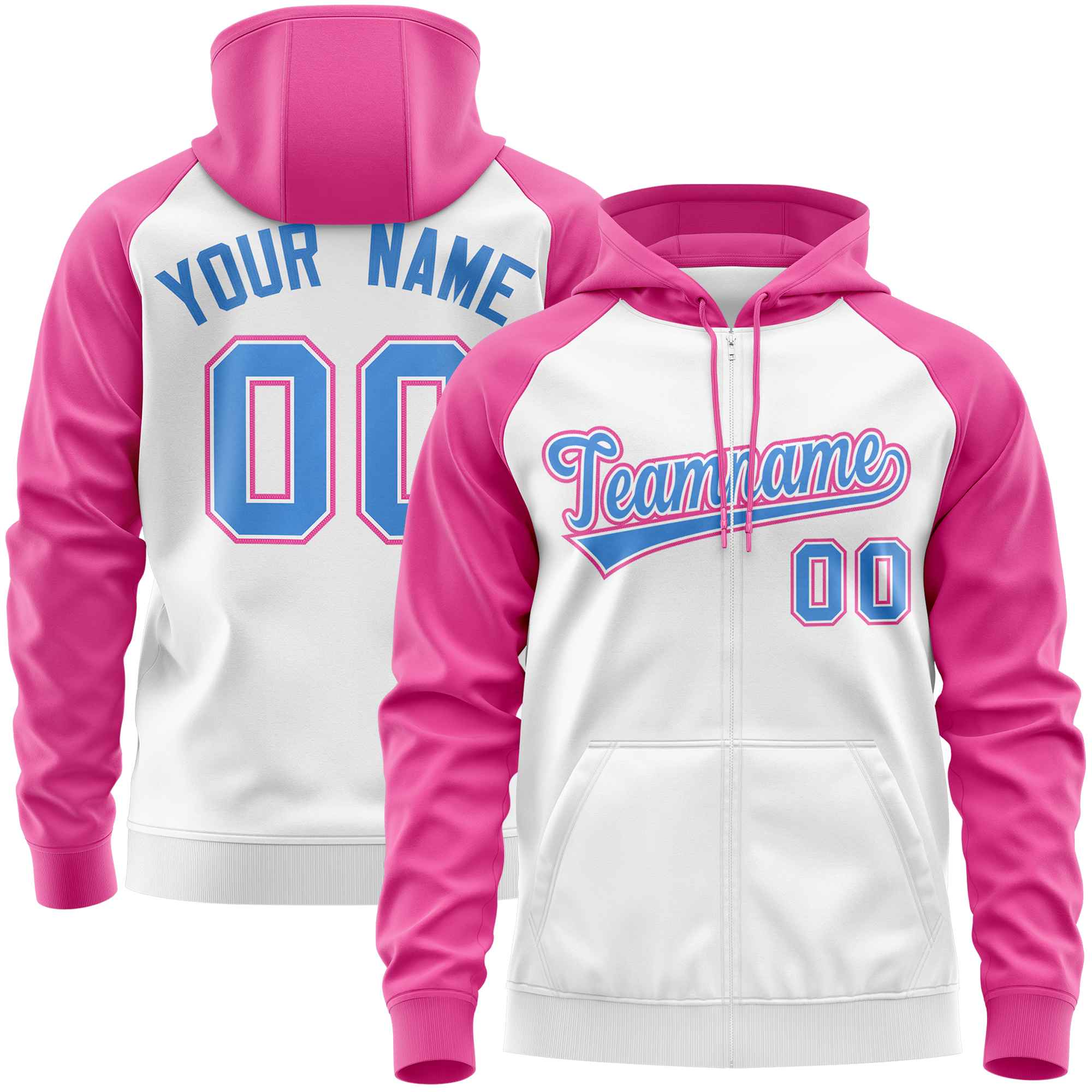 Custom Stitched White Pink-Powder Blue Raglan Sleeves Sports Full-Zip Sweatshirt Hoodie