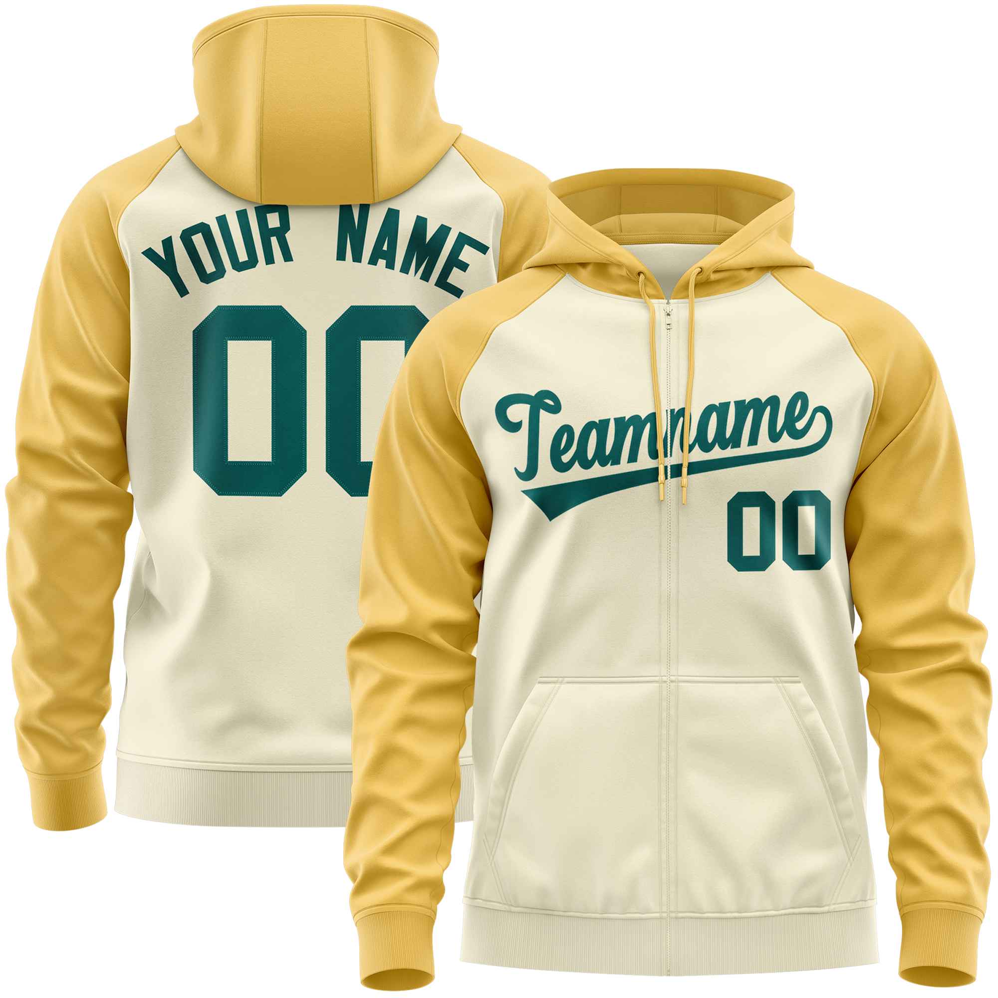 Custom Stitched Cream Yellow-Aqua Raglan Sleeves Sports Full-Zip Sweatshirt Hoodie