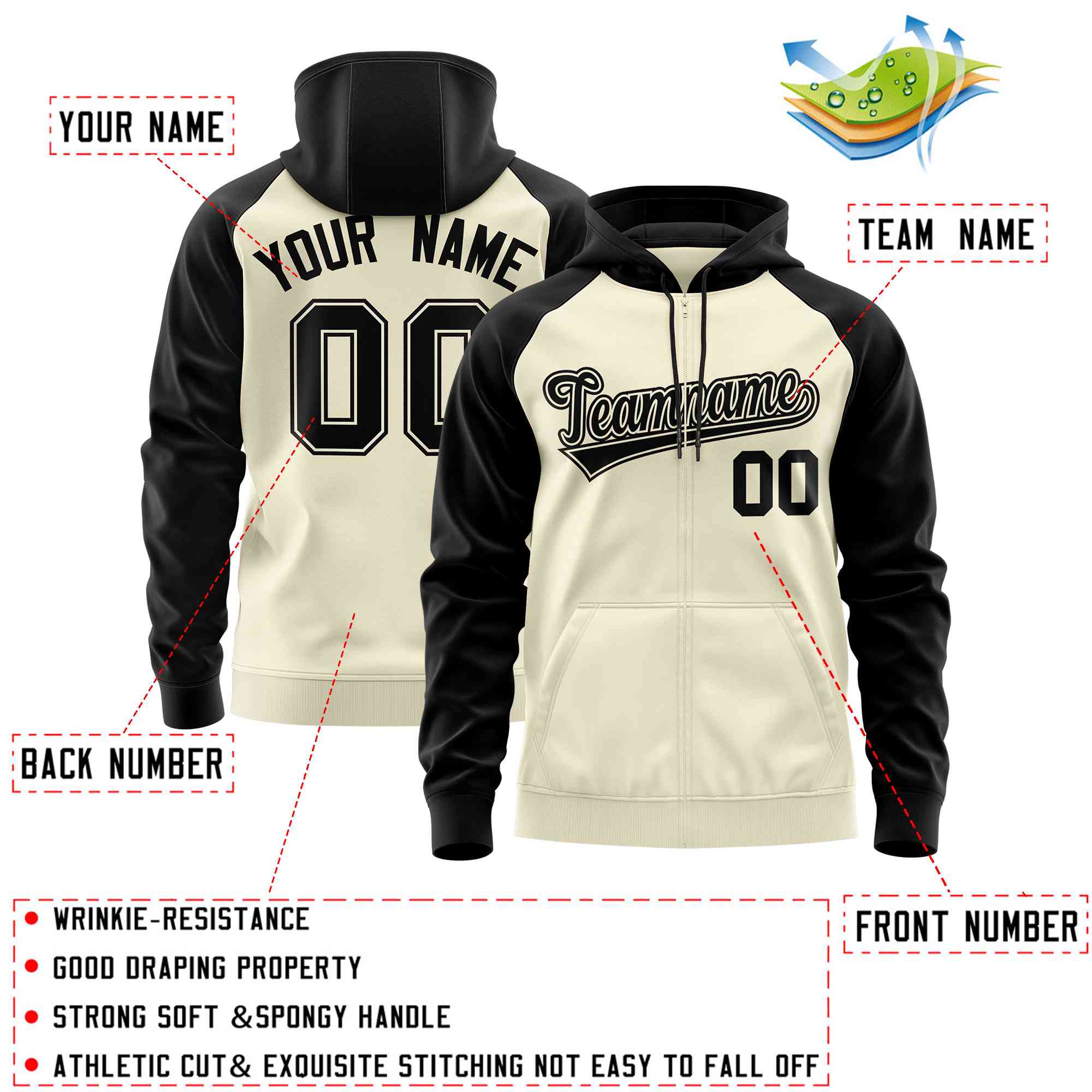 Custom Stitched Cream Black Raglan Sleeves Sports Full-Zip Sweatshirt Hoodie