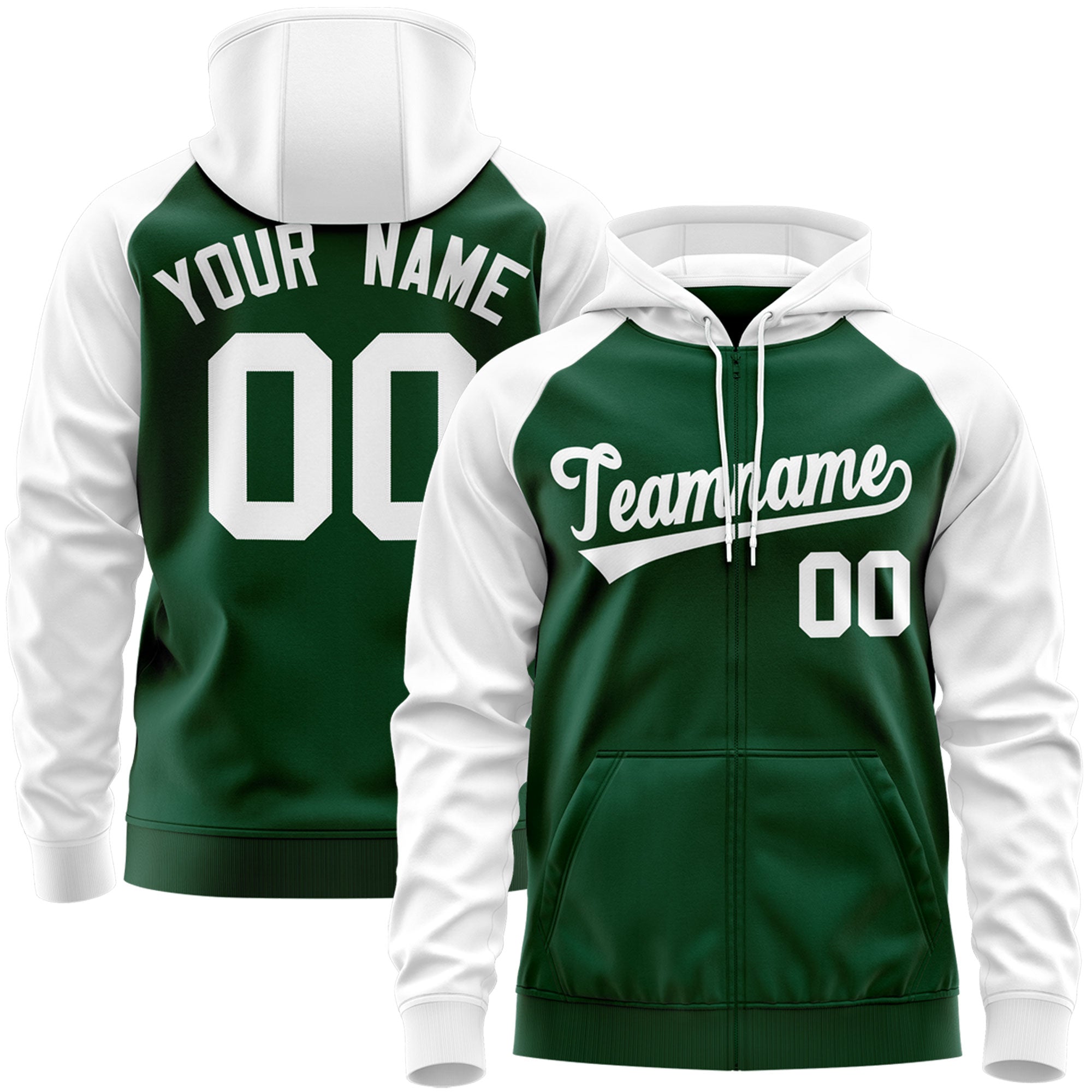 Custom Stitched Green White Raglan Sleeves Sports Full-Zip Sweatshirt Hoodie