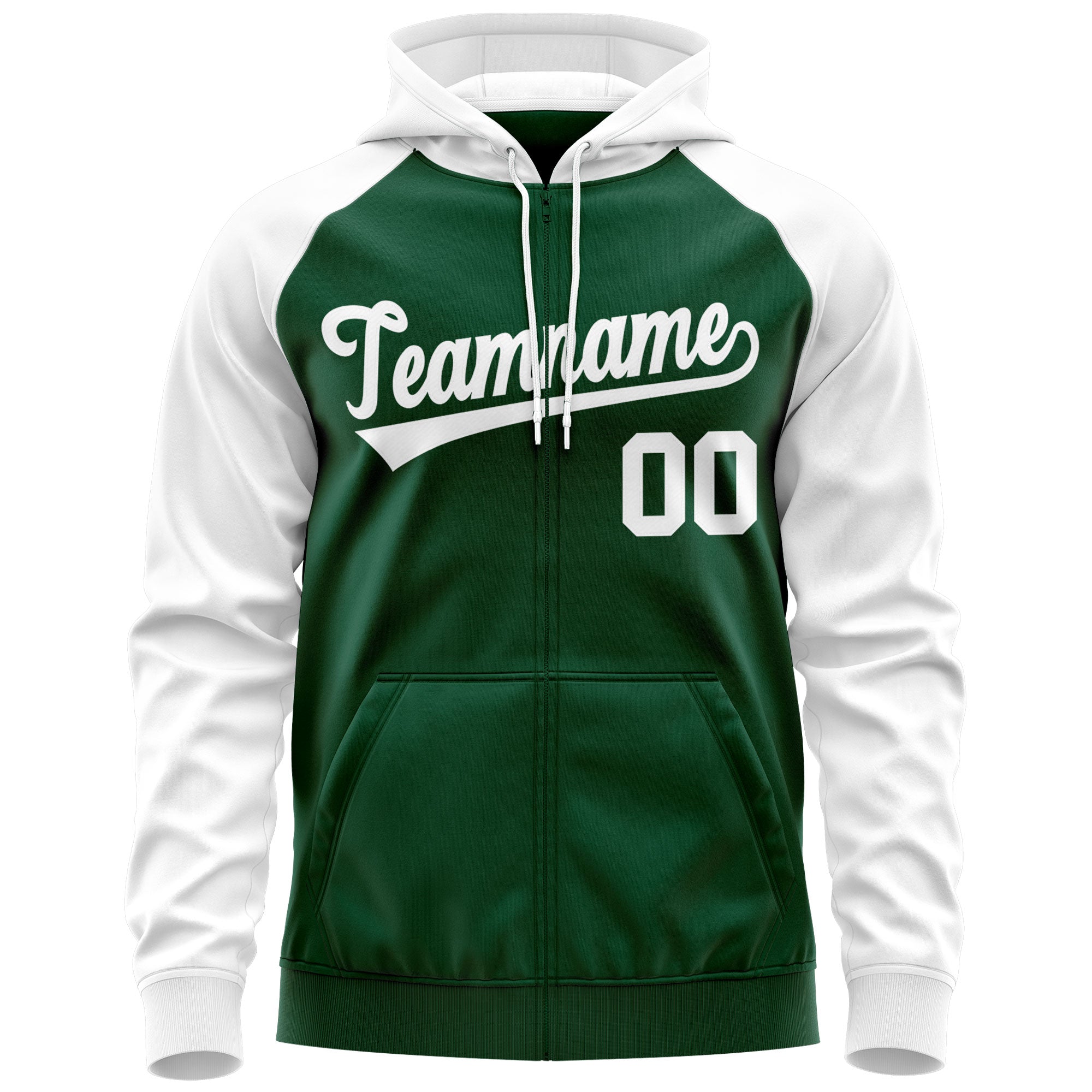 Custom Stitched Green White Raglan Sleeves Sports Full-Zip Sweatshirt Hoodie