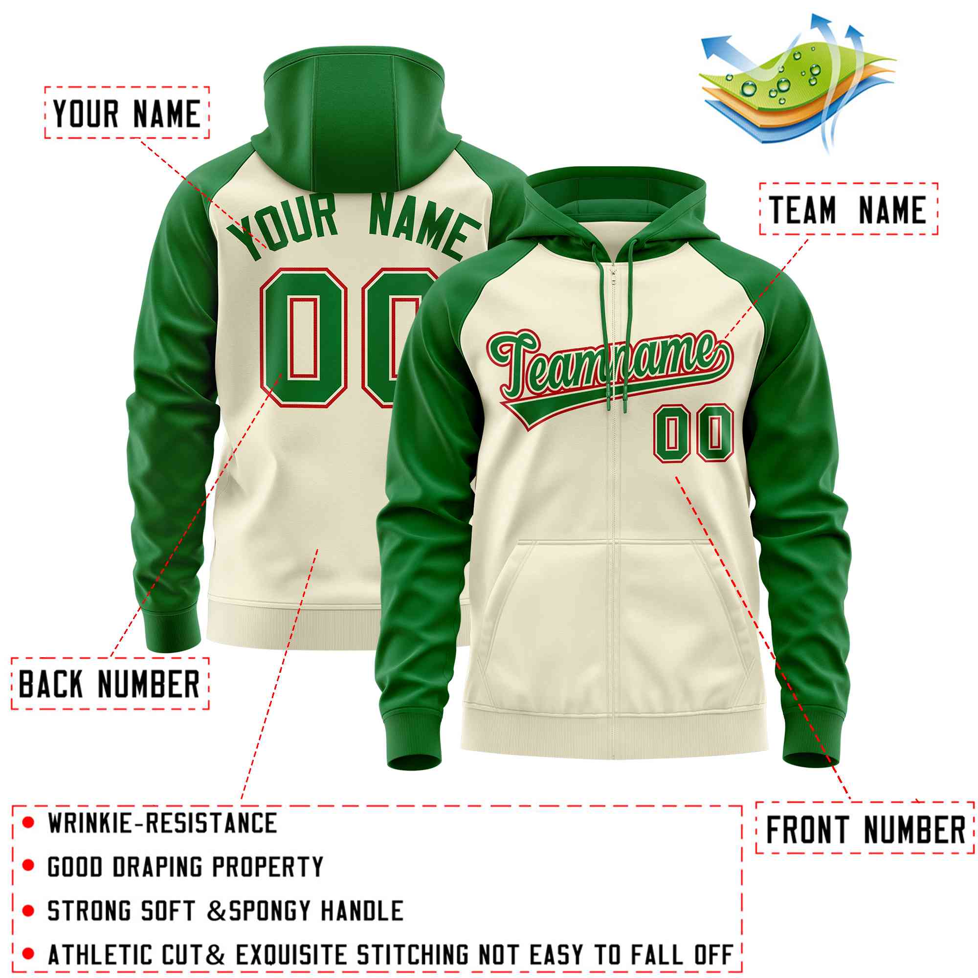 Custom Stitched Cream Kelly Green Raglan Sleeves Sports Full-Zip Sweatshirt Hoodie