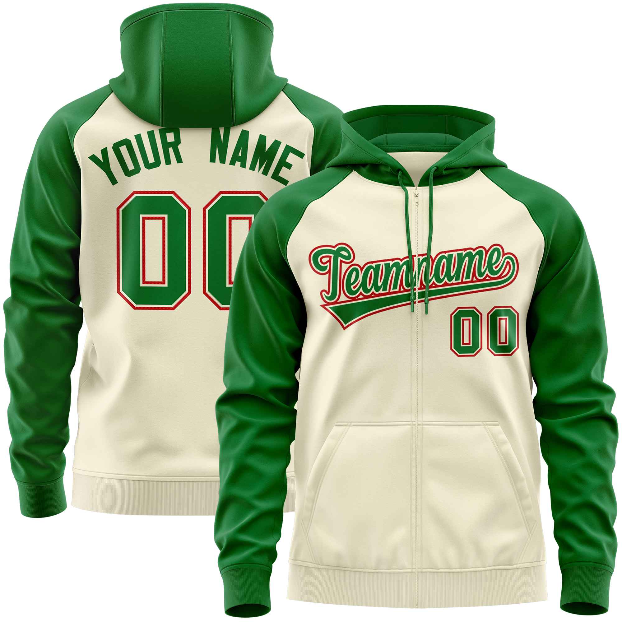 Custom Stitched Cream Kelly Green Raglan Sleeves Sports Full-Zip Sweatshirt Hoodie