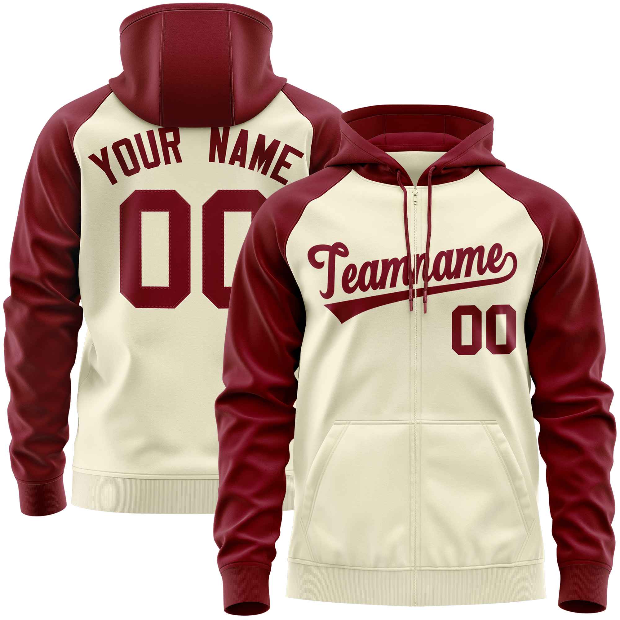 Custom Stitched Cream Crimson Raglan Sleeves Sports Full-Zip Sweatshirt Hoodie