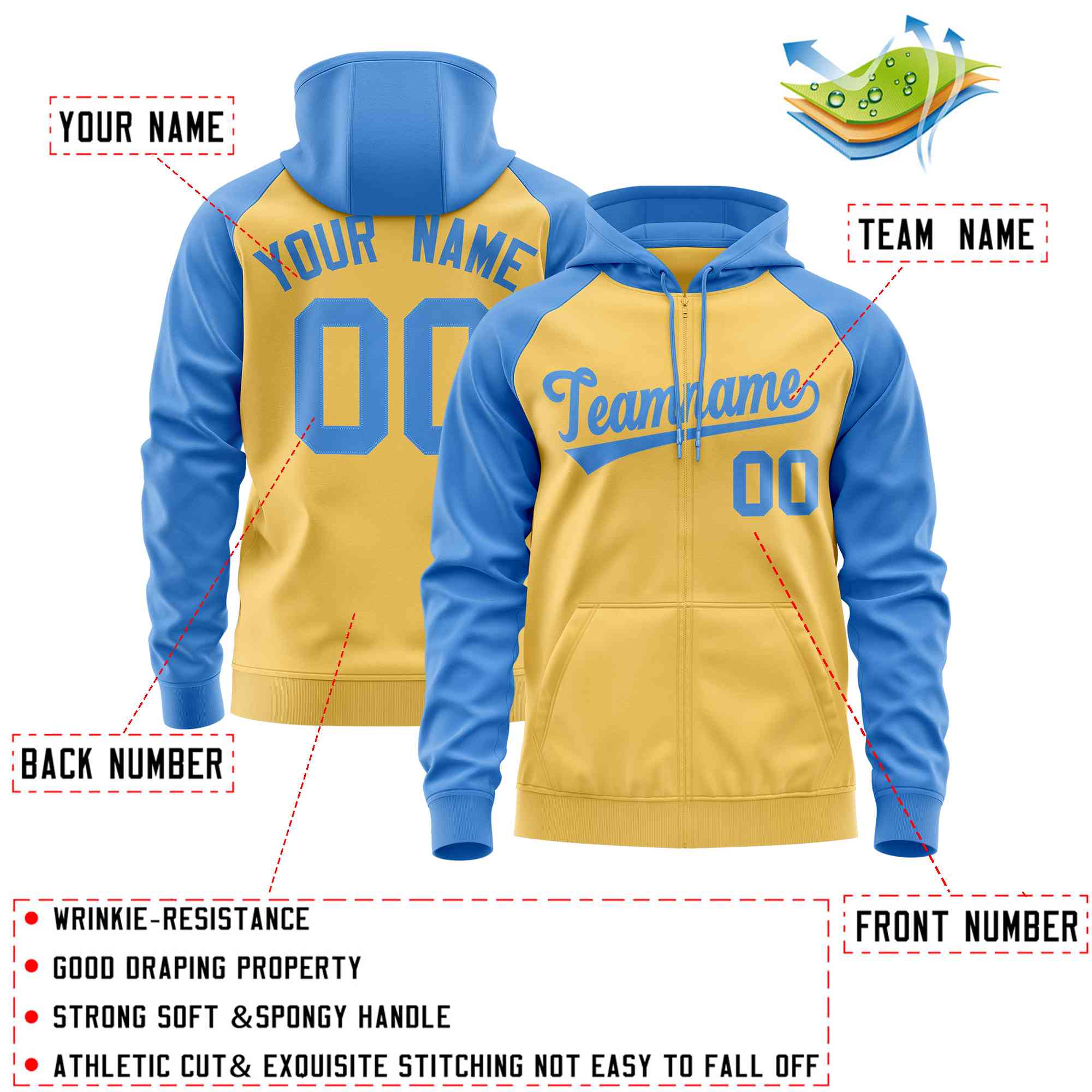 Custom Stitched Yellow Powder Blue Raglan Sleeves Sports Full-Zip Sweatshirt Hoodie