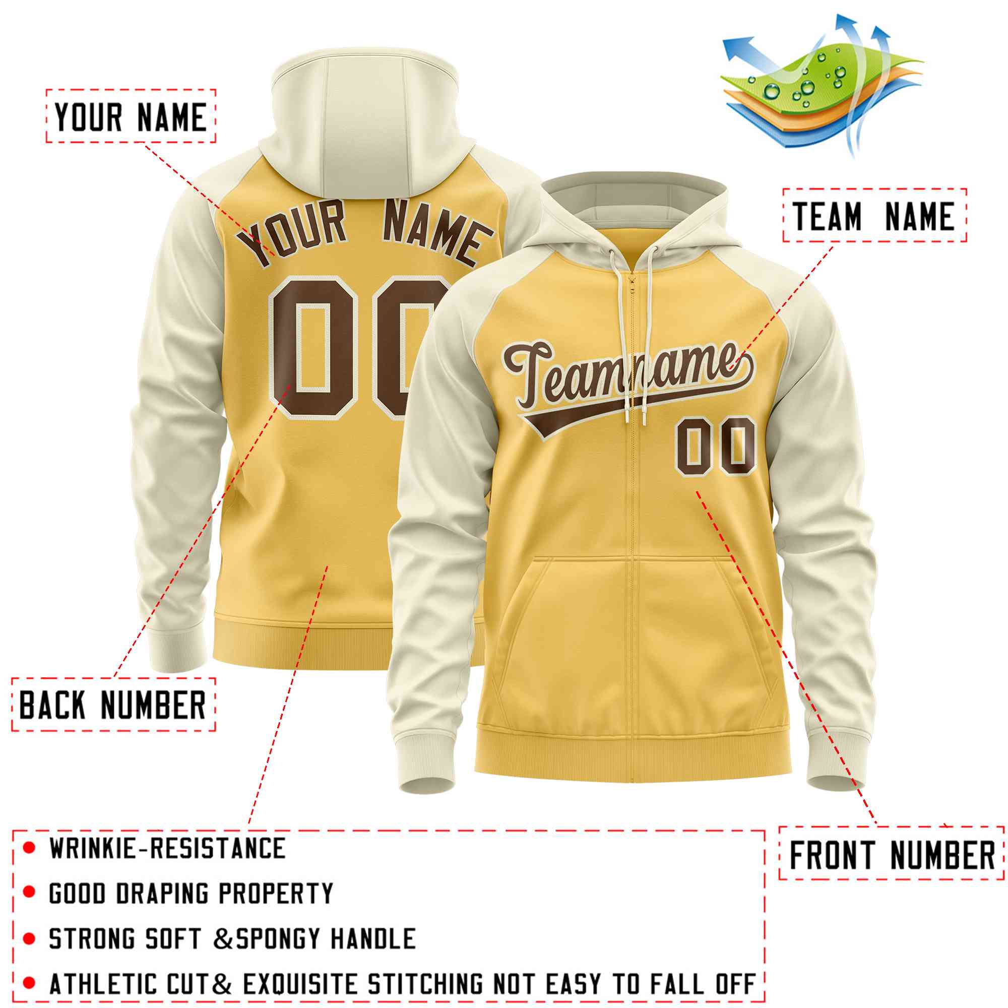 Custom Stitched Yellow Cream-Light Brown Raglan Sleeves Sports Full-Zip Sweatshirt Hoodie