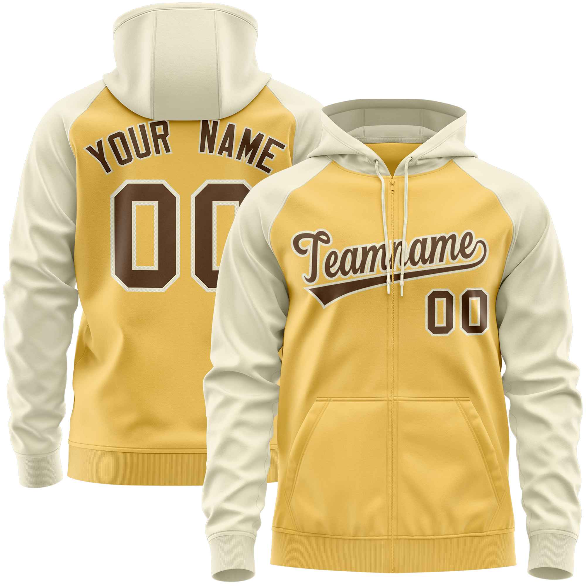 Custom Stitched Yellow Cream-Light Brown Raglan Sleeves Sports Full-Zip Sweatshirt Hoodie