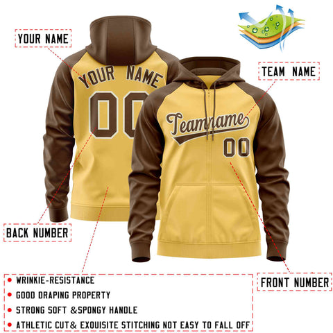 Custom Stitched Yellow Light Brown Raglan Sleeves Sports Full-Zip Sweatshirt Hoodie