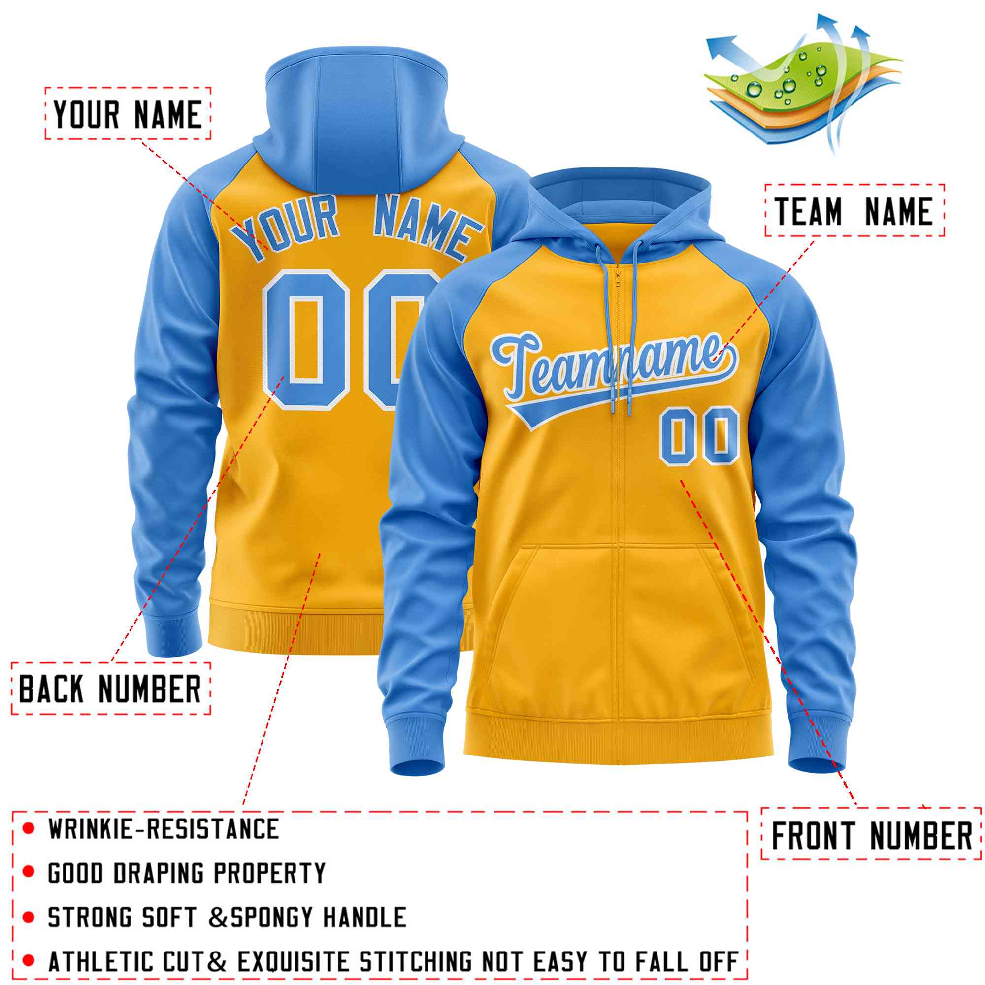 Custom Stitched Gold Powder Blue Raglan Sleeves Sports Full-Zip Sweatshirt Hoodie