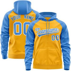 Custom Stitched Gold Powder Blue Raglan Sleeves Sports Full-Zip Sweatshirt Hoodie