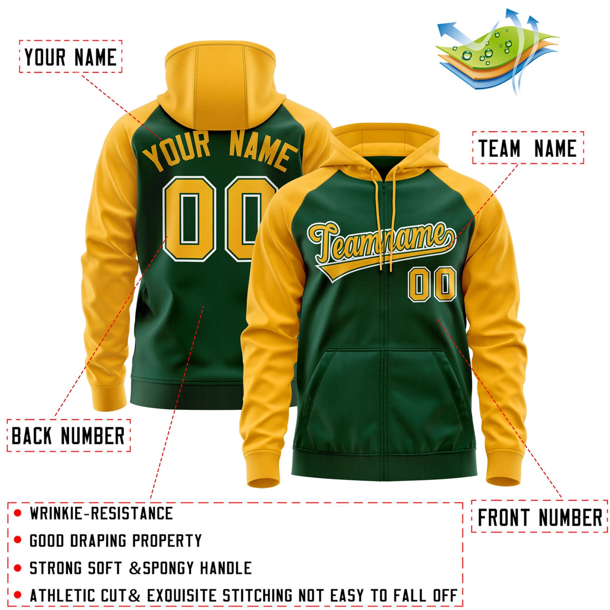 Custom Stitched Green Gold-White Raglan Sleeves Sports Full-Zip Sweatshirt Hoodie