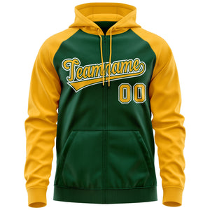 Custom Stitched Green Gold-White Raglan Sleeves Sports Full-Zip Sweatshirt Hoodie