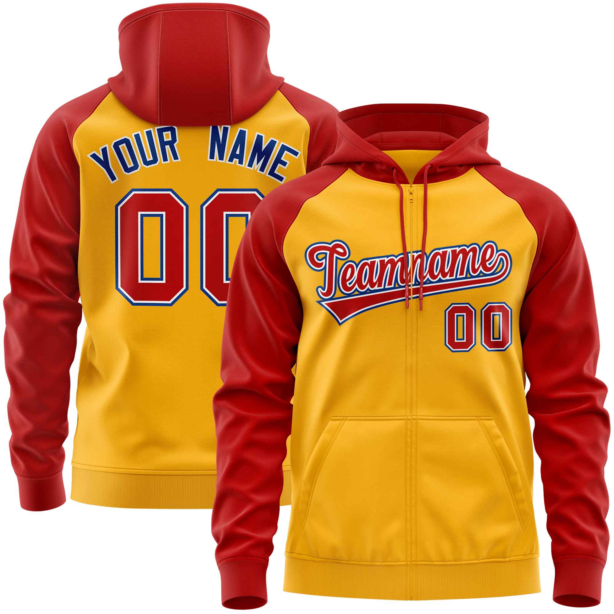 Custom Stitched Gold Red Raglan Sleeves Sports Full-Zip Sweatshirt Hoodie