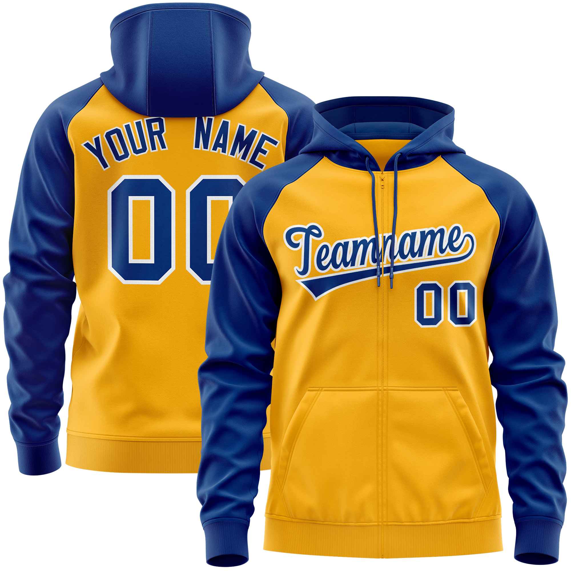 Custom Stitched Gold Royal Raglan Sleeves Sports Full-Zip Sweatshirt Hoodie