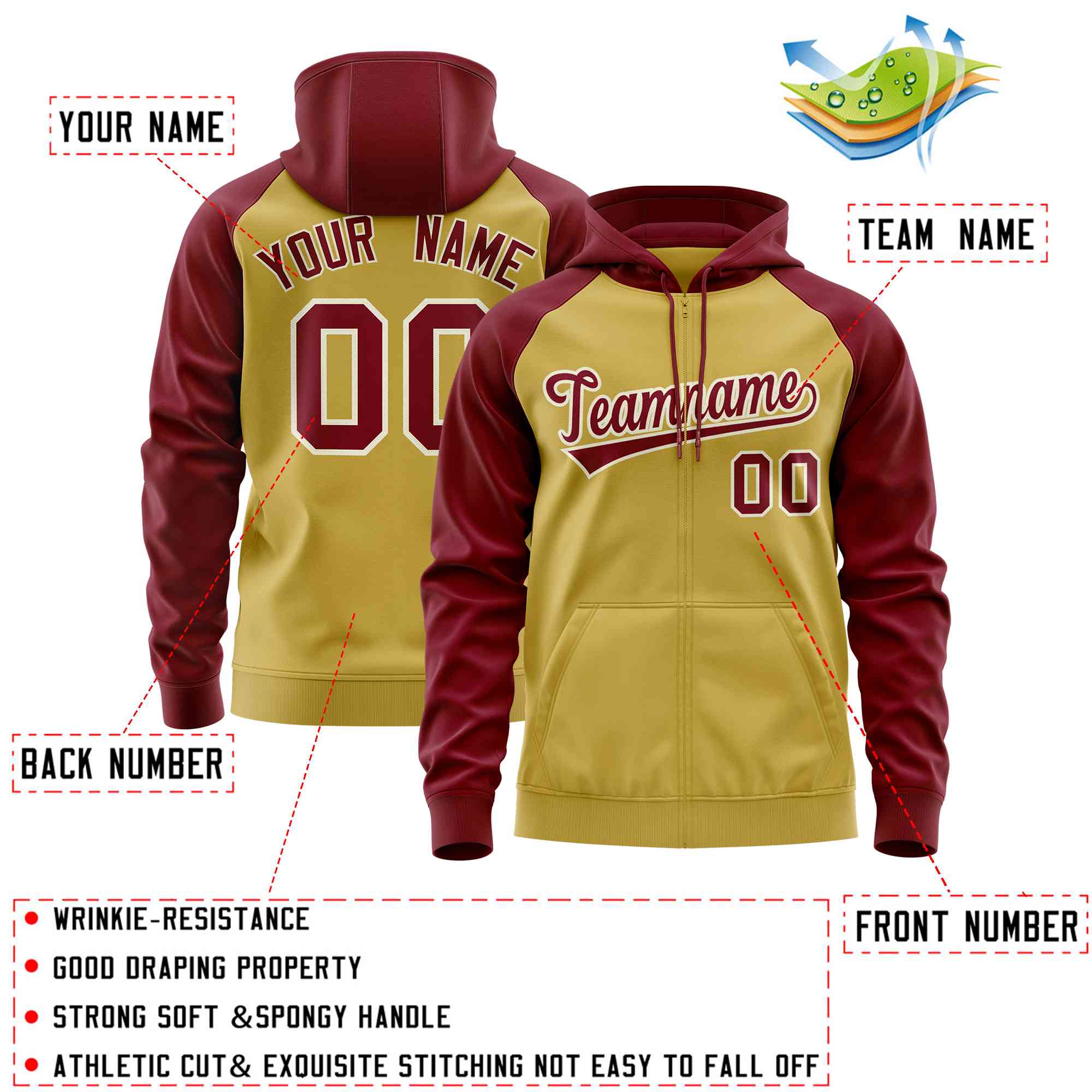 Custom Stitched Old Gold Crimson Raglan Sleeves Sports Full-Zip Sweatshirt Hoodie