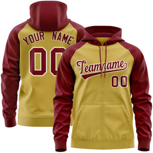 Custom Stitched Old Gold Crimson Raglan Sleeves Sports Full-Zip Sweatshirt Hoodie