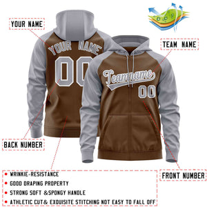 Custom Stitched Light Brown Light Gray Raglan Sleeves Sports Full-Zip Sweatshirt Hoodie