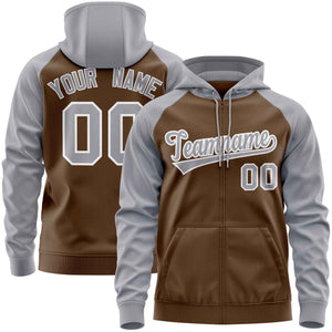 Custom Stitched Light Brown Light Gray Raglan Sleeves Sports Full-Zip Sweatshirt Hoodie