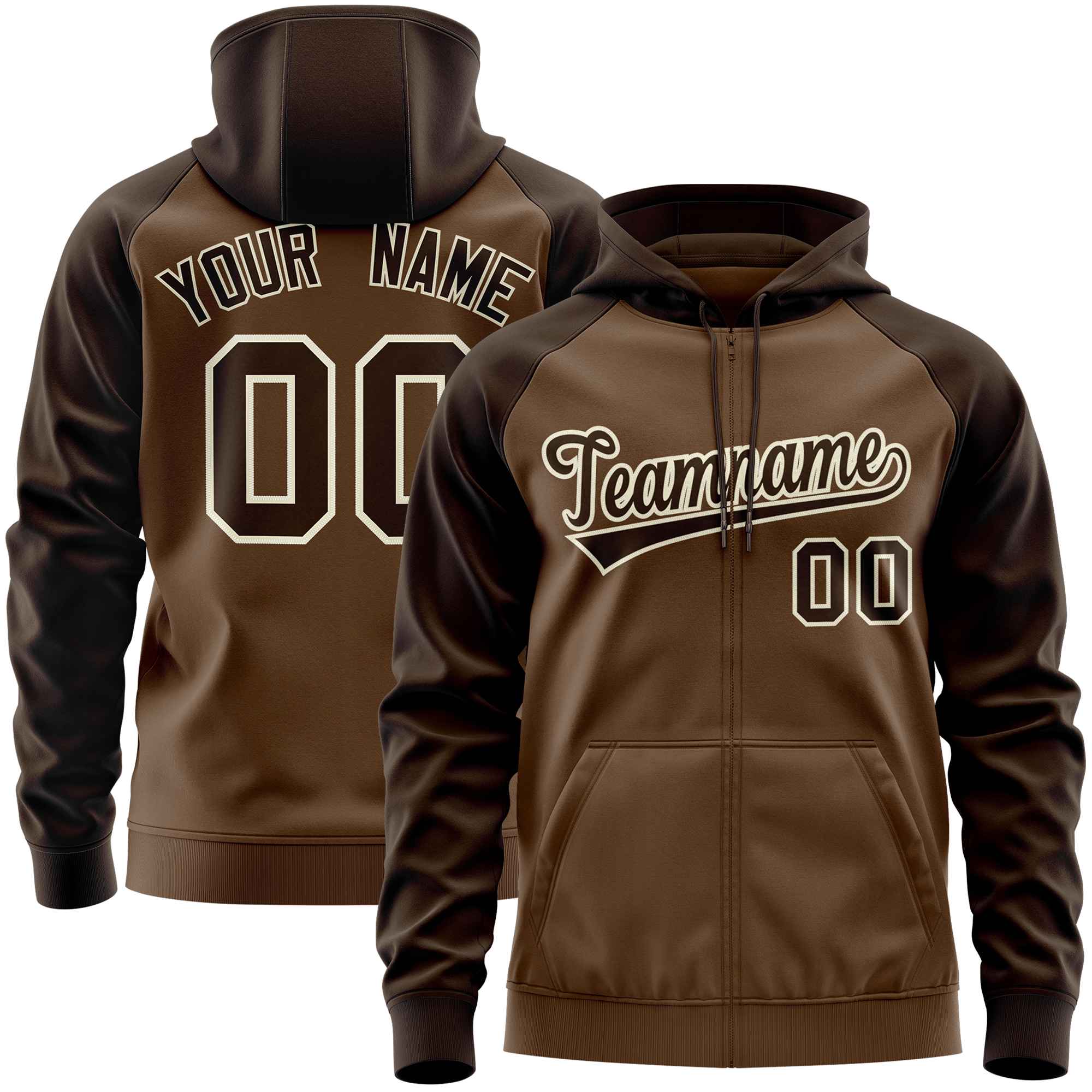 Custom Stitched Light Brown Brown Raglan Sleeves Sports Full-Zip Sweatshirt Hoodie