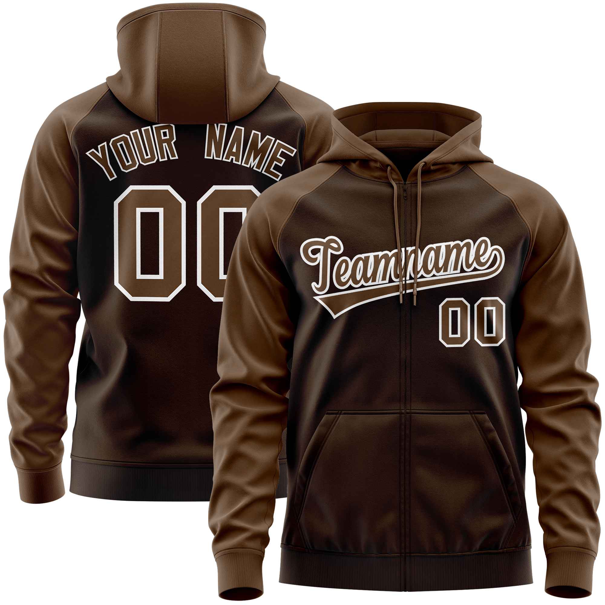 Custom Stitched Brown Light Brown Raglan Sleeves Sports Full-Zip Sweatshirt Hoodie