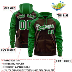 Custom Stitched Brown Kelly Green Raglan Sleeves Sports Full-Zip Sweatshirt Hoodie