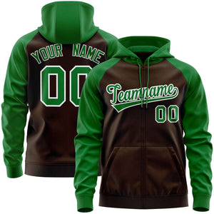 Custom Stitched Brown Kelly Green Raglan Sleeves Sports Full-Zip Sweatshirt Hoodie