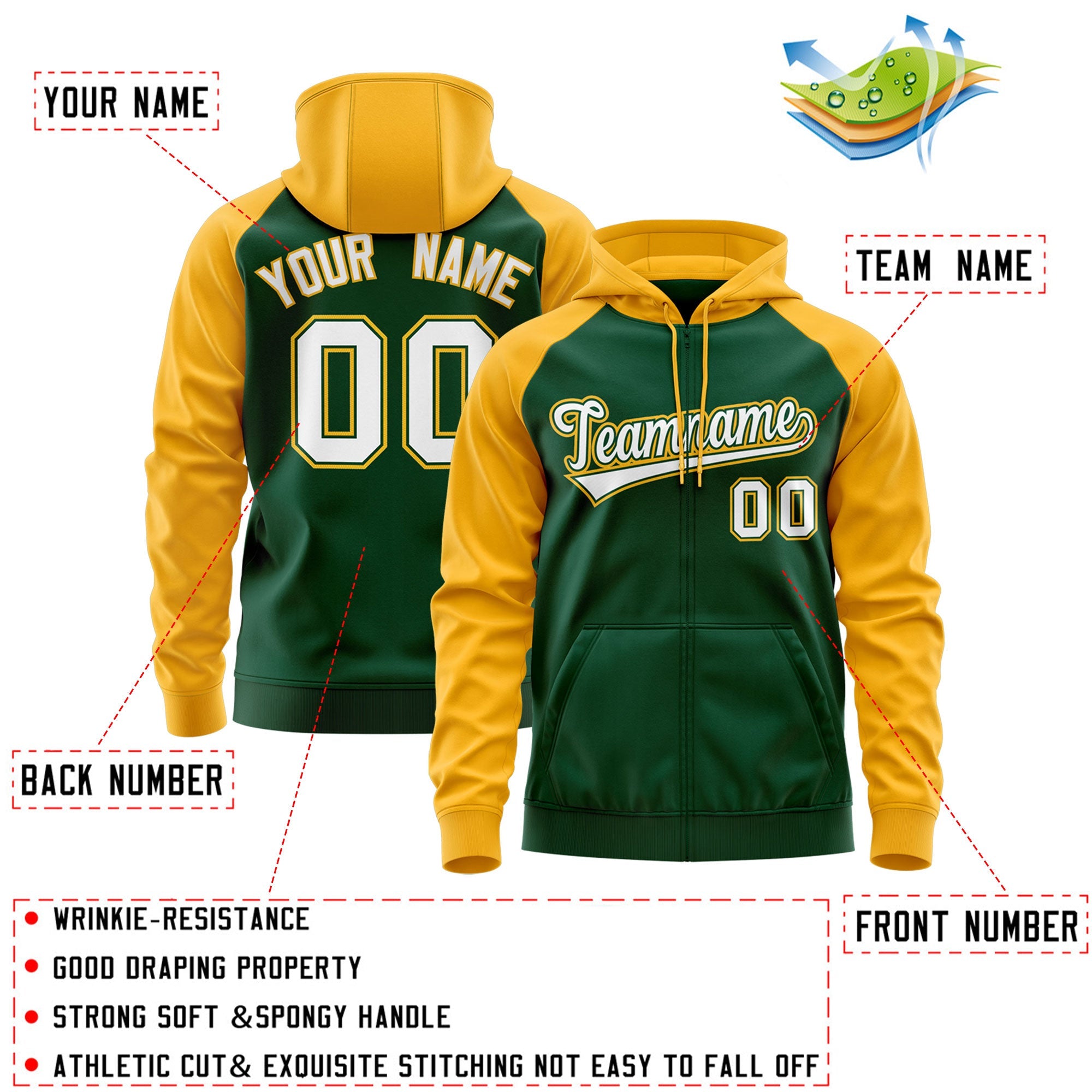 Custom Stitched Green White-Gold Raglan Sleeves Sports Full-Zip Sweatshirt Hoodie