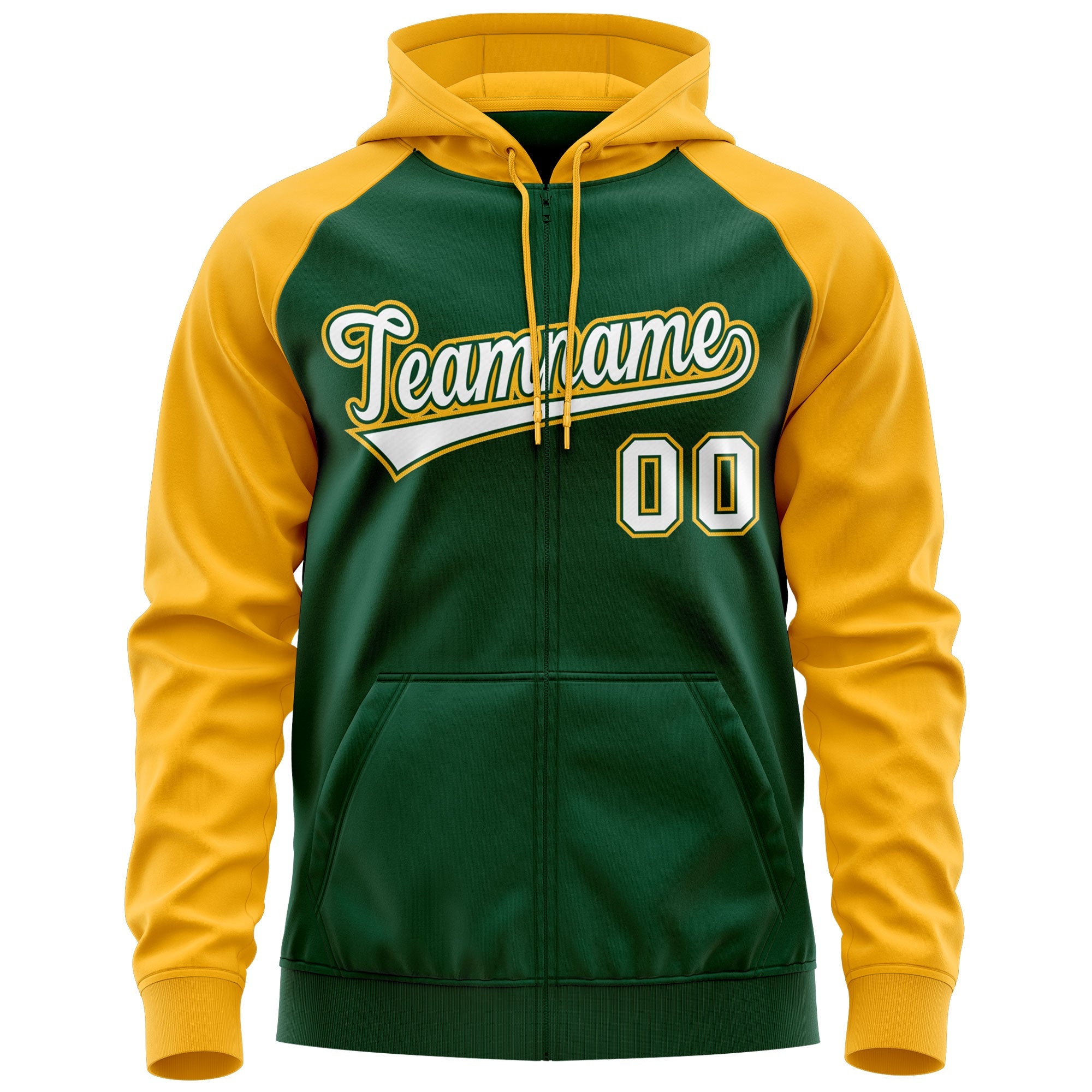 Custom Stitched Green White-Gold Raglan Sleeves Sports Full-Zip Sweatshirt Hoodie