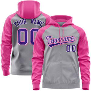 Custom Stitched Light Gray Pink-Purple Raglan Sleeves Sports Full-Zip Sweatshirt Hoodie