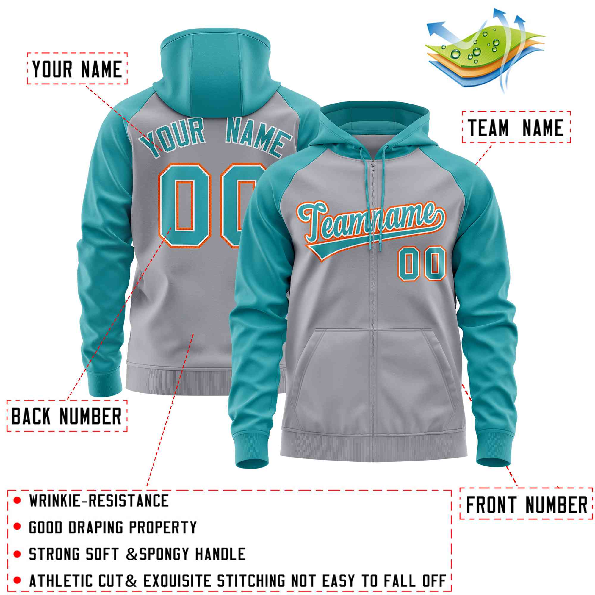 Custom Stitched Light Gray Aqua Raglan Sleeves Sports Full-Zip Sweatshirt Hoodie